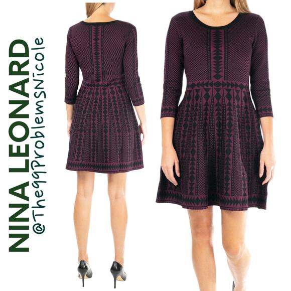 Nina Leonard Geometric Fit & Flare Sweater Dress in Black and Purple - Picture 1 of 7
